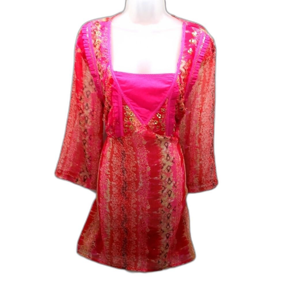 Bill Blass Jeans Vintage Sheer Embellished Tunic/ Midi Pink Women's 2X Runs Smal